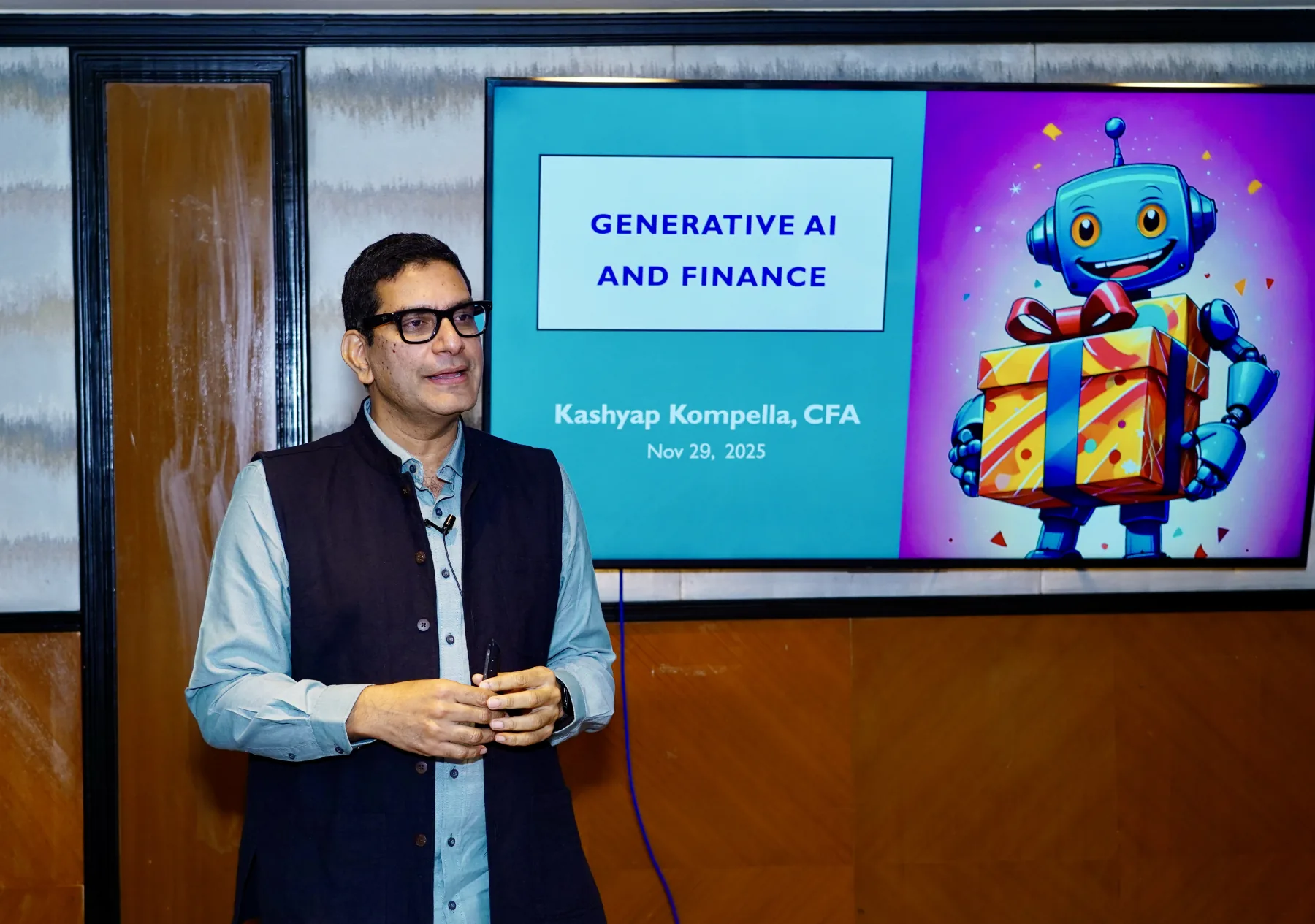Kashyap Kompella teaching finance professionals about generative AI