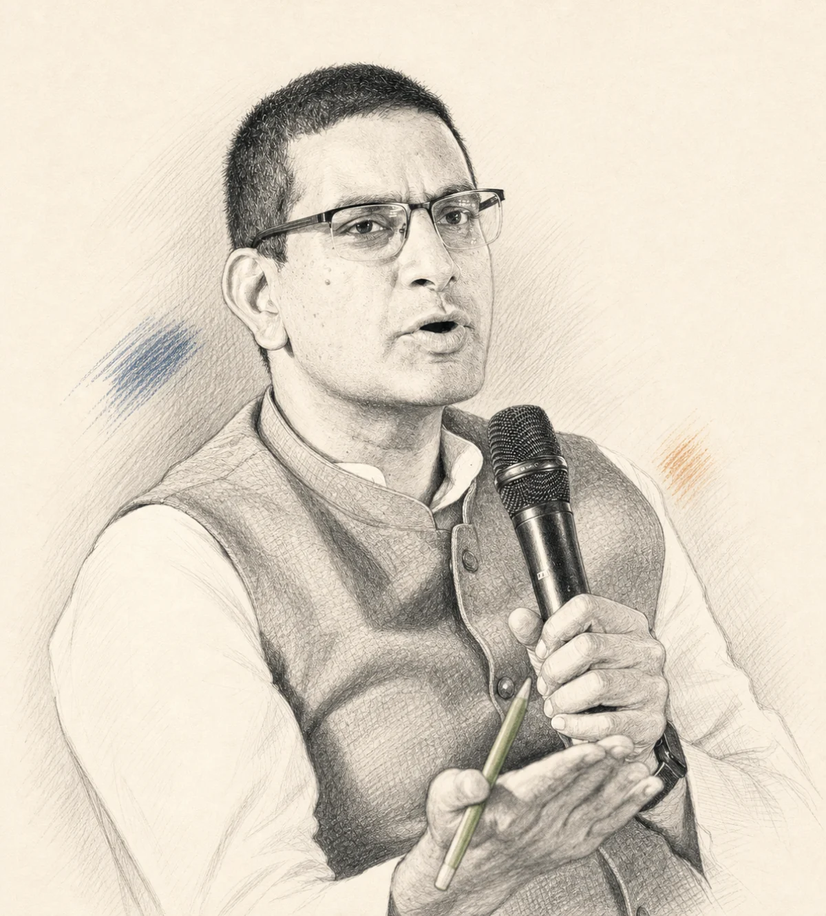 Pencil portrait of Kashyap Kompella speaking into a microphone