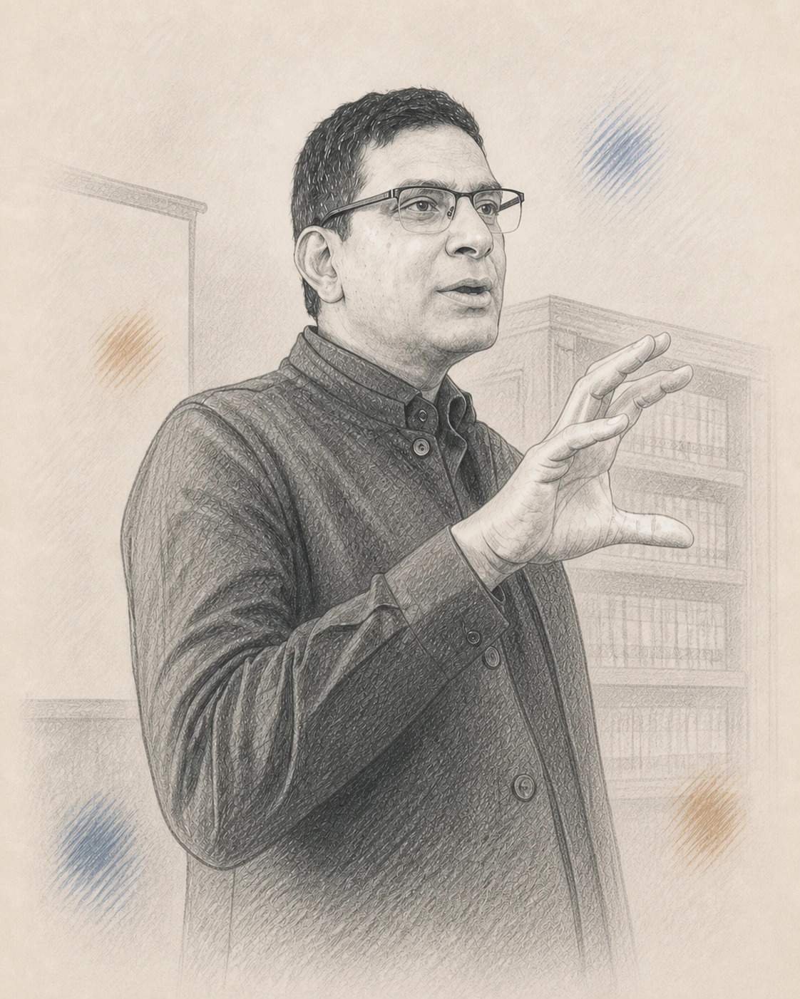 Pencil sketch of Kashyap Kompella teaching in a classroom